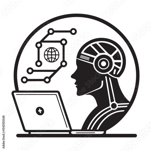 Artificial Intelligence Symbol with Laptop. Black outline icon for AI Head and Laptop