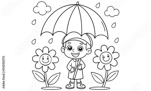 Happy boy with umbrella and flowers coloring page isolated on white background