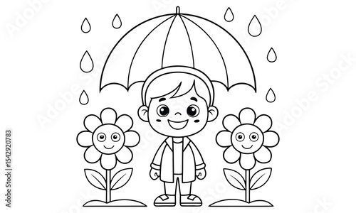 Happy child with umbrella and flowers coloring page isolated on white background