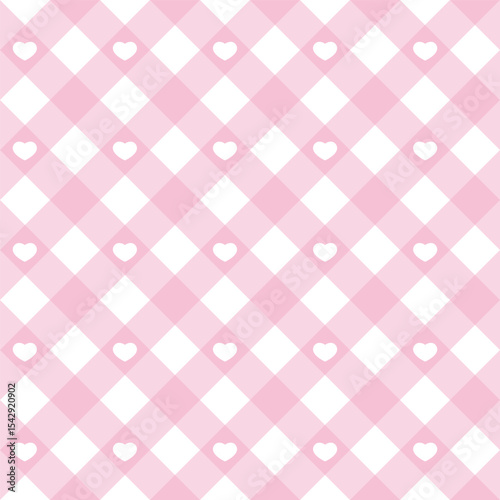 Gingham heart diagonal seamless pattern in pastel pink color. Vichy plaid design for Easter holiday textile decorative. Vector checkered pattern for fabric picnic blanket, tablecloth, dress, napkin.