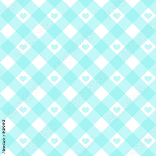 Gingham heart diagonal seamless pattern in blue pastel color. Vichy plaid design for Easter holiday textile decorative. Vector checkered pattern for fabric picnic blanket, tablecloth, dress, napkin.