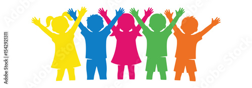 Joyful Children Illustration Colorful Silhouettes of Kids Celebrating Unity and Friendship