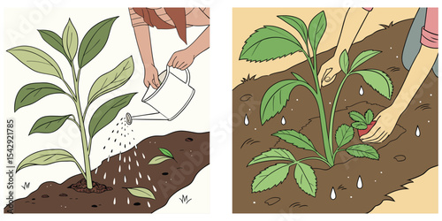 Gardening Illustration of Watering and Weeding Plants – Plant Care Concept Art