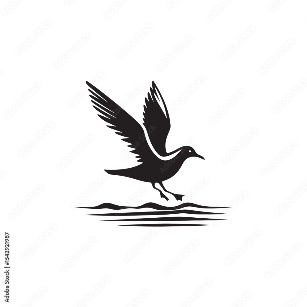 Obraz premium Soaring Seagull Silhouette Vector Art – Coastal Bird in Flight with Outstretched Wings, Minimal Black Outline Perfect for Nautical Themes, Beach Decor, and Ocean Wildlife Logos