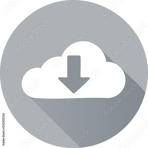 Vector Stylized White Cloud with Bold Download Arrow on Soft Gray Circle