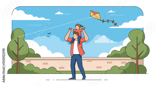 Father and Son Spend Happy Time Outside Flying Kite Under a Cloudy Sky