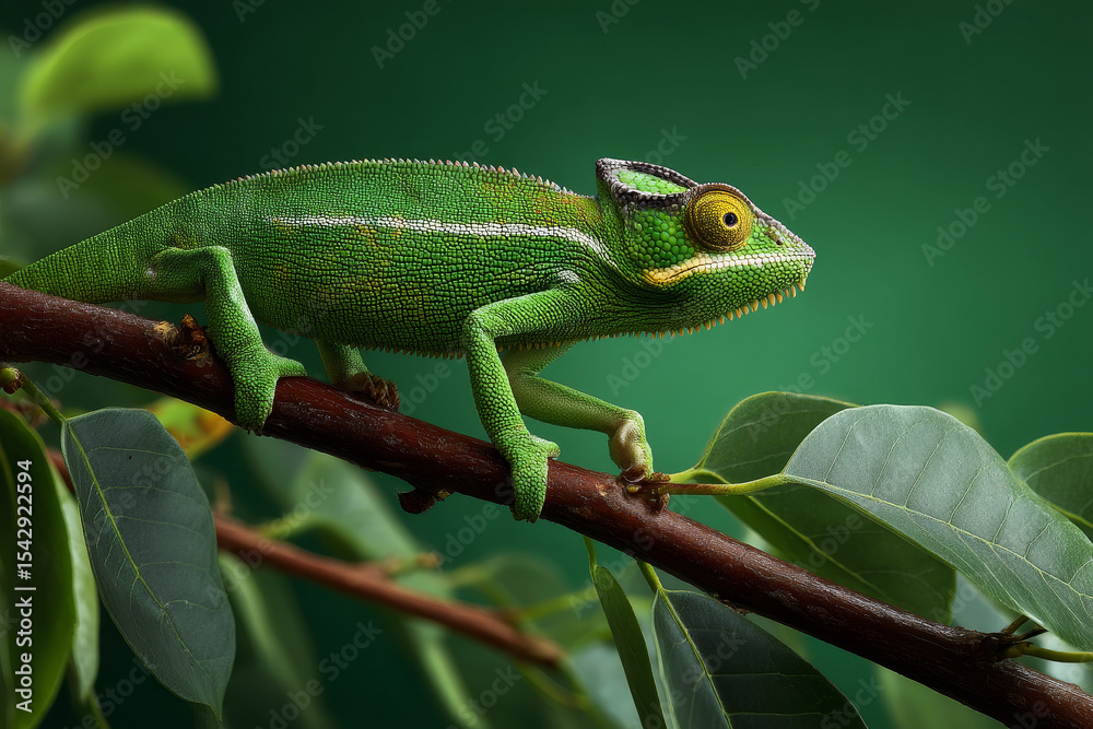 Fototapeta premium green chameleon in bright green background