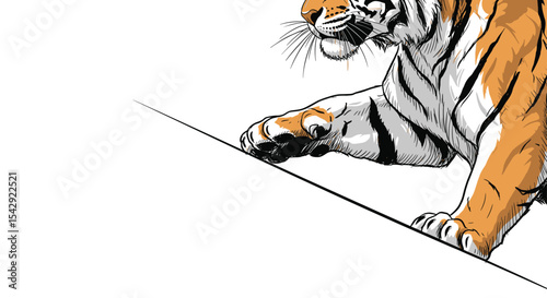 Tiger Prowling on a Narrow Ledge Captivating Wildlife Art Capturing Raw Power