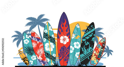 Tropical Surfboards Under the Sun With Palm Trees Ideal for Summer Vacation Fun