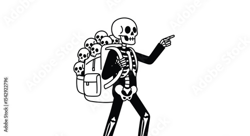 A Skeleton with a Backpack of Skulls Pointing Towards an Undisclosed Location