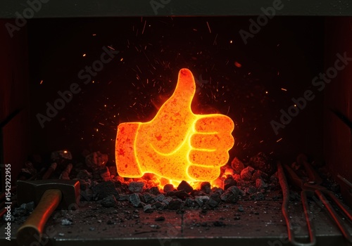 Glowing thumbs up forged in a blacksmith's forge