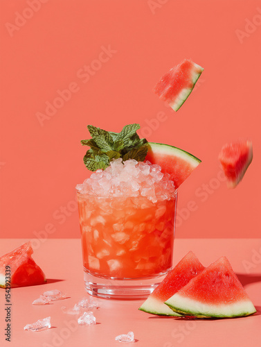 Watermelon cocktail with crushed ice and mint on coral background