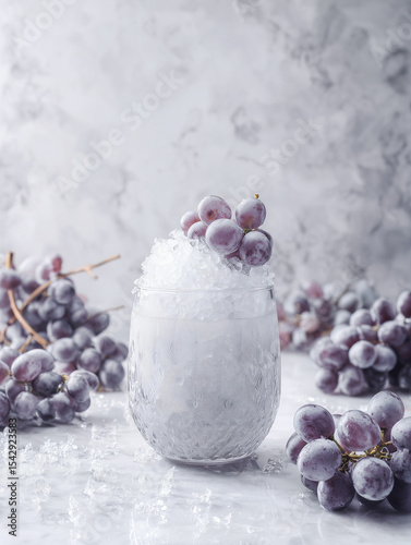 Icy grape cocktail in frosted glass with fresh grapes on marble surface