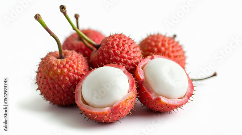 Spiky, red lychee with one cut open revealing a white, juicy interior, set against a plain white background. AI generated.
