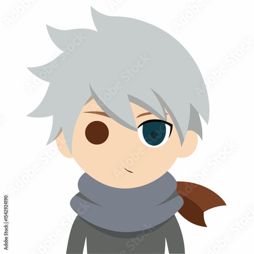 Stylish Anime Boy Character Design Grey Hair, Heterochromia Iridum, Scarf Illustration