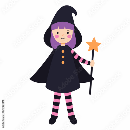 Adorable Little Witch Halloween Costume Illustration Magical Girl in Black Cape and Striped Stockings