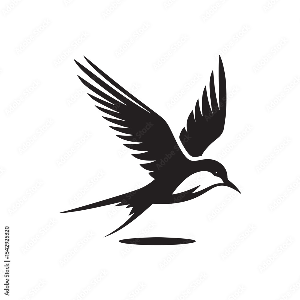 Obraz premium Elegant Tern Vector Silhouette Design – Flying Ocean Bird with Streamlined Body and Pointed Beak, Perfect for Nautical Graphics, Wildlife Prints, Beach Branding, and Minimalist Art