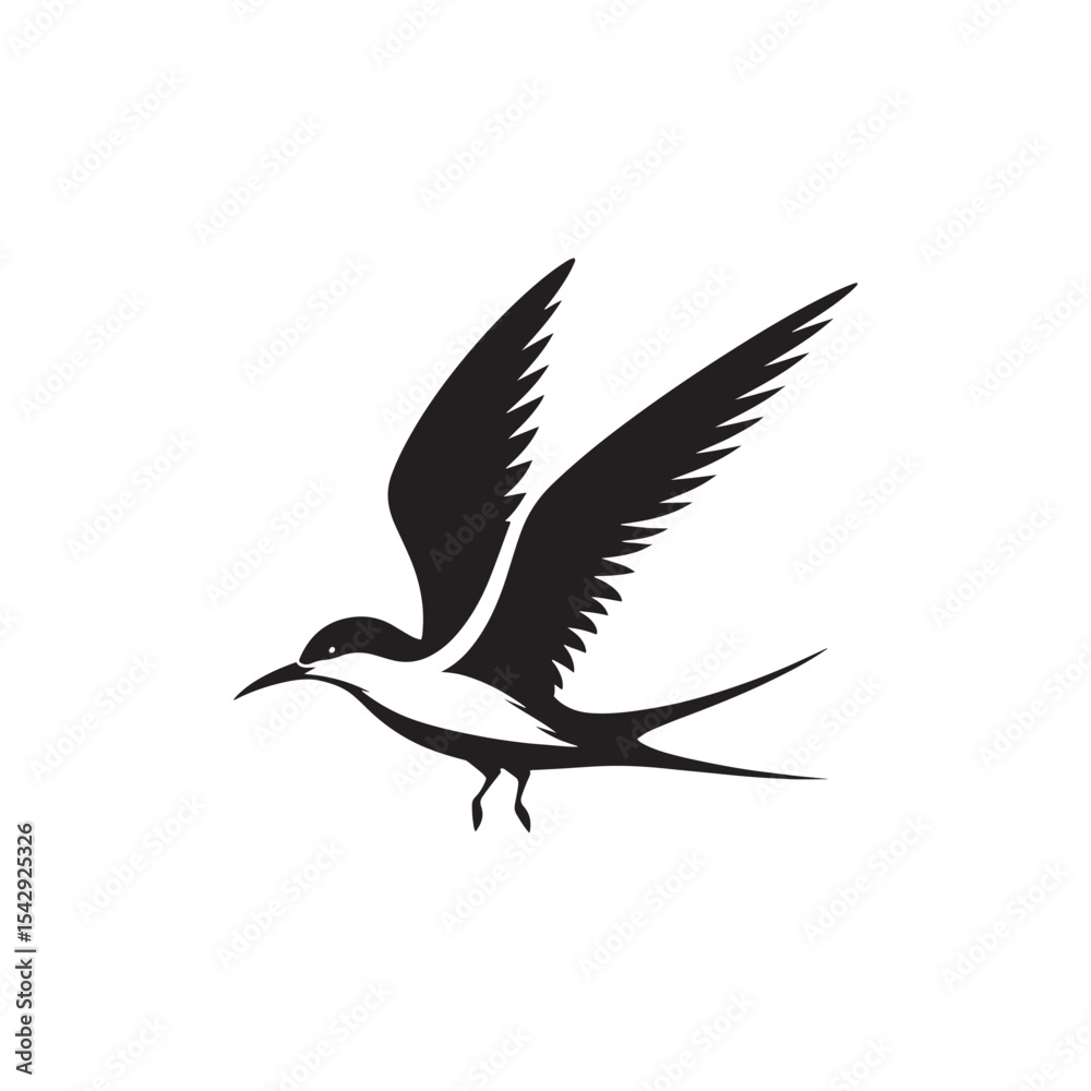 Obraz premium Elegant Tern Vector Silhouette Design – Flying Ocean Bird with Streamlined Body and Pointed Beak, Perfect for Nautical Graphics, Wildlife Prints, Beach Branding, and Minimalist Art