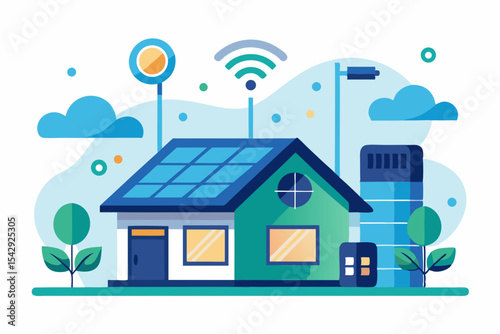 Smart Home Design with Solar Panels and Wireless Technology Eco-Friendly House Illustration