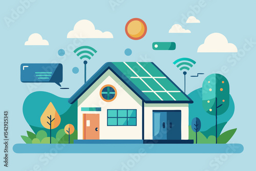 Smart Home Design with Solar Panels and Wireless Technology Eco-Friendly House Illustration