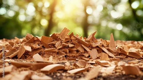 Close-up of chopped wood or wood shavings on a textured surface in natural outdoor sunlight with blurred green background