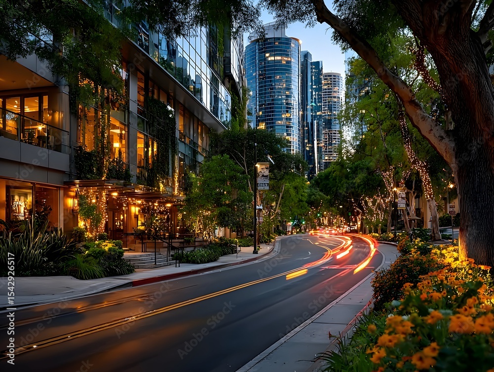 Naklejka premium City street twilight, urban landscape, evening drive