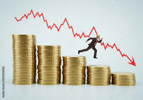 A small businessman unsuccessful, a declining business, and a gold coin.