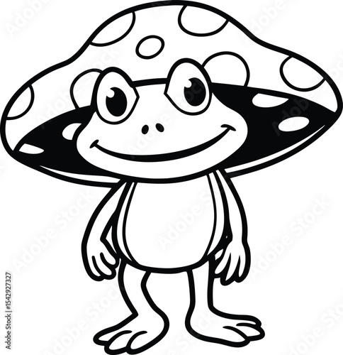 Cartoon Mushroom Character Illustration in Black and White Line Art Style