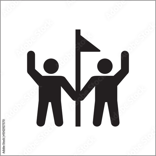 Two people holding flag icon. Success cooperation icon. Icon symbol of win, victory, achievement, reward, prize. Vector illustration