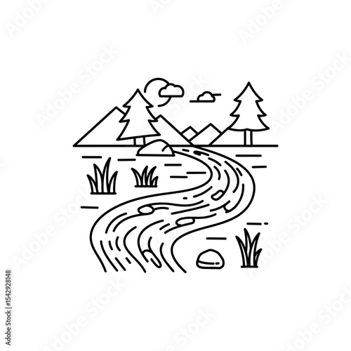 Black Line Icon of a Braided Stream through Tundra