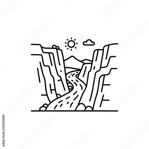 Black Line Icon of Canyon River with Steep Walls