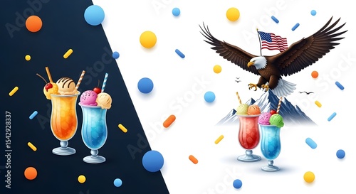 Patriotic eagle with American flag and colorful cocktails, celebration design