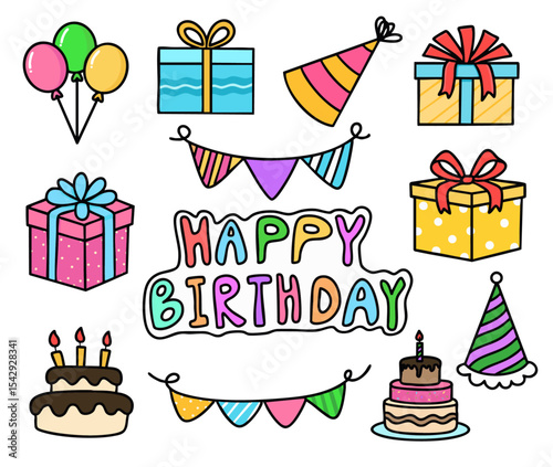 생일 파티 라인드로잉 아이콘(birthday party line drawing icon set)