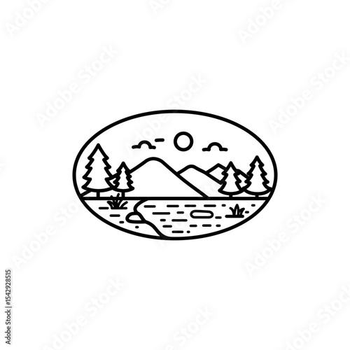 Oval Lake at Forest Clearing Black Line Icon