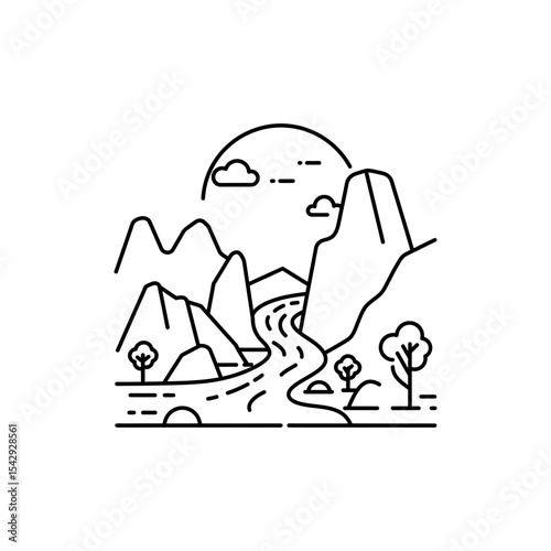 River Among Karst Formations Black Line Icon