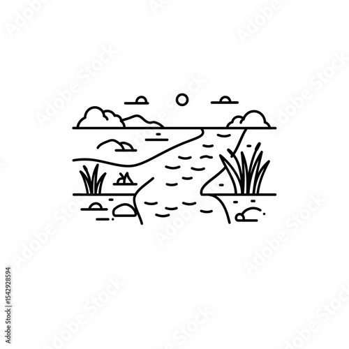 River Expanding into Wetland Delta Black Line Icon