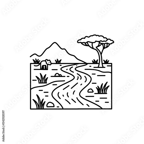 River in Savanna Terrain Black Line Icon