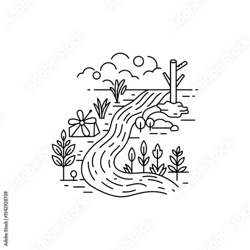 River Weaving Through Multiple Ecosystems Black Line Icon