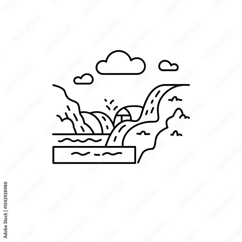 Naklejka premium Black Lined Icon of Stream Joining Larger River – Confluence Theme