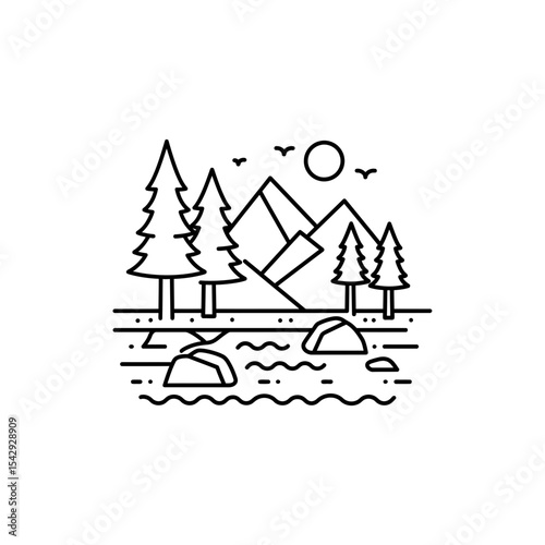 Black Lined Icon of Stream at Base of Tall Trees – Forest Stream Theme