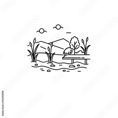 Black Lined Icon of Spring-Fed Wetland – Natural Habitat Theme