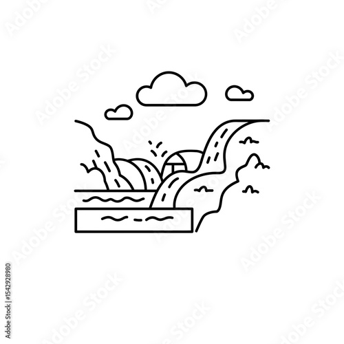 Black Lined Icon of Stream Joining Larger River – Confluence Theme