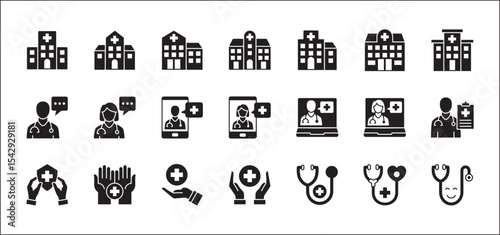 Healthcare icon set. Doctor and hospital icon collection. Icon set contains hospital, doctor, consultation, clinic, stethoscope, nurse, health insurance, family, emergency. Vector illustration.