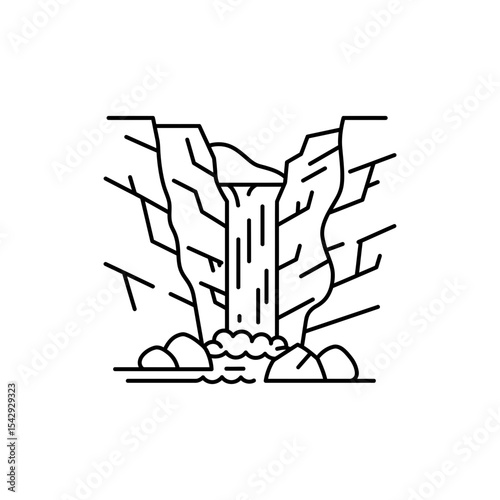 Black Lined Icon of Waterfall in Narrow Canyon – Vertical Gorge Theme