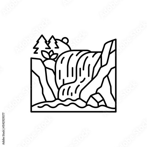 Black Lined Icon of Waterfall with Two Stream Paths – Mountain and River Theme