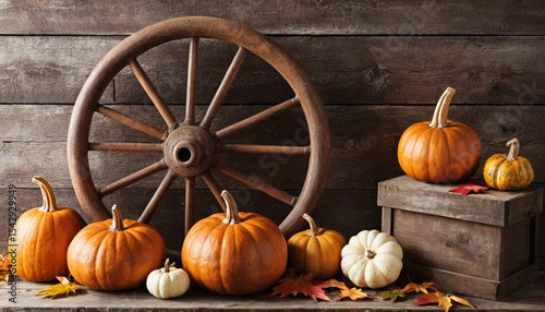 A rustic autumn display featuring a wooden wagon wheel, pumpkins, a vase with orange flowers, and pine cones on a wooden surface. AI generated.

