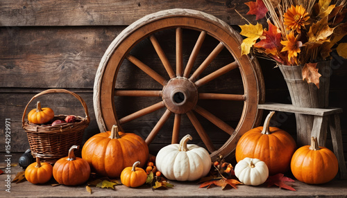 A rustic autumn display featuring a wooden wagon wheel, pumpkins, a vase with orange flowers, and pine cones on a wooden surface. AI generated.
