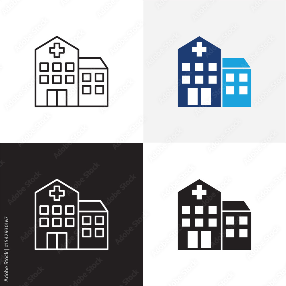 Fototapeta premium Healthcare icon. Hospital icon. Icon symbol of clinic, health center, hospital building, red cross, medication place. Vector illustration. Thin line and flat solid design.