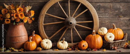 A rustic autumn display featuring a wooden wagon wheel, pumpkins, a vase with orange flowers, and pine cones on a wooden surface. AI generated.
