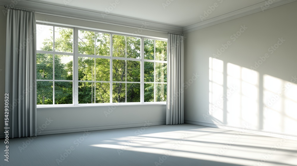 Fototapeta premium Bright spacious empty room with large window overlooking green trees casting sunlight shadows inside